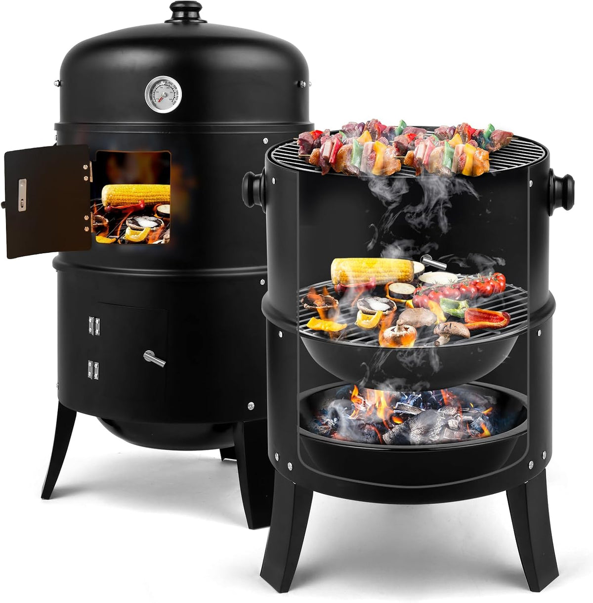 Vertical Charcoal BBQ Smoker, 3-in-1 16" Round Barbecue Grill