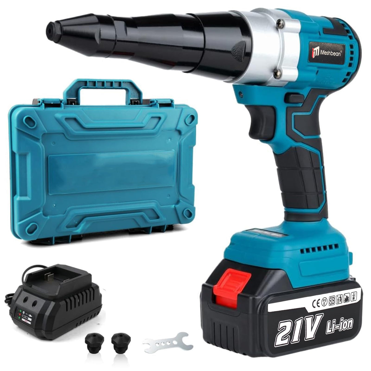 Cordless Rivet Gun,Portable 21V Lithium Battery Electric Automatic Core Pulling Rivet Gun,Professional Brushless Blind Riveter Tool Kit for Rivets 2.4/3.2/4.0/4.8 mm,with 3.0Ah Battery (2 batteries)