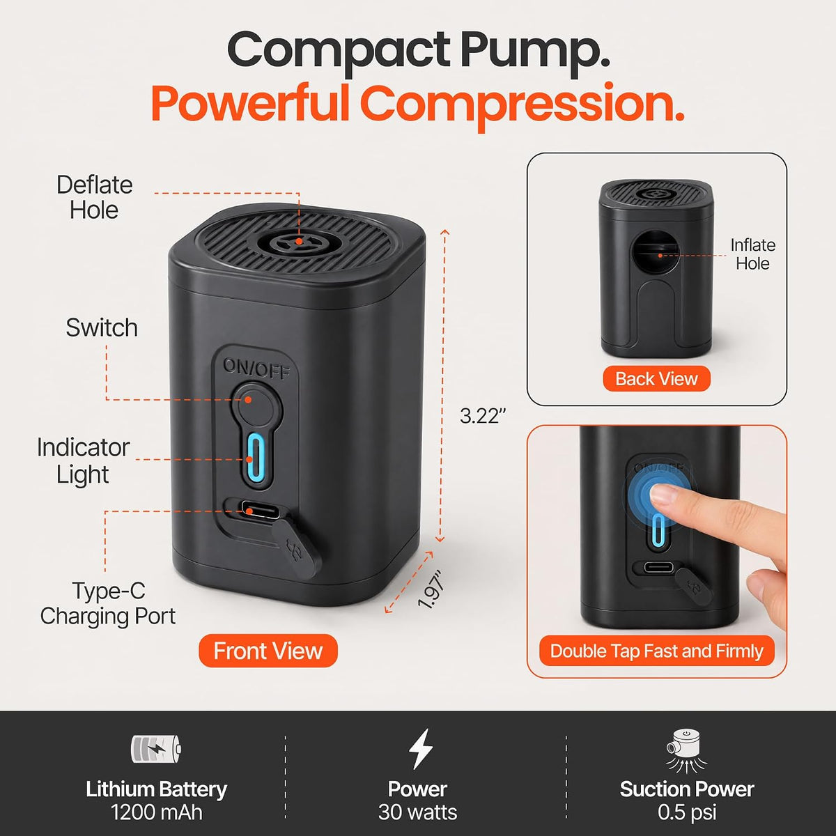 Travel Vacuum Compression Bag Set with Cordless Electric Pump - 2 Heavy Duty Ripstop Nylon Space Saver Bags - USB Rechargeable Mini Vacuum Sealer for Carry-on Luggage & Packing