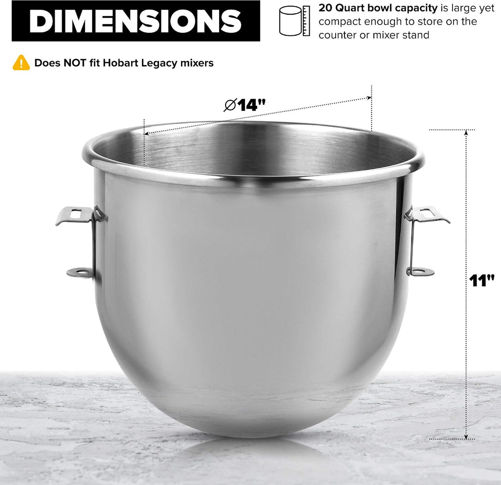 Vollum 20-Quart Commercial Stainless Steel Mixing Bowl for Hobart Mixer - Hobart Equivalent