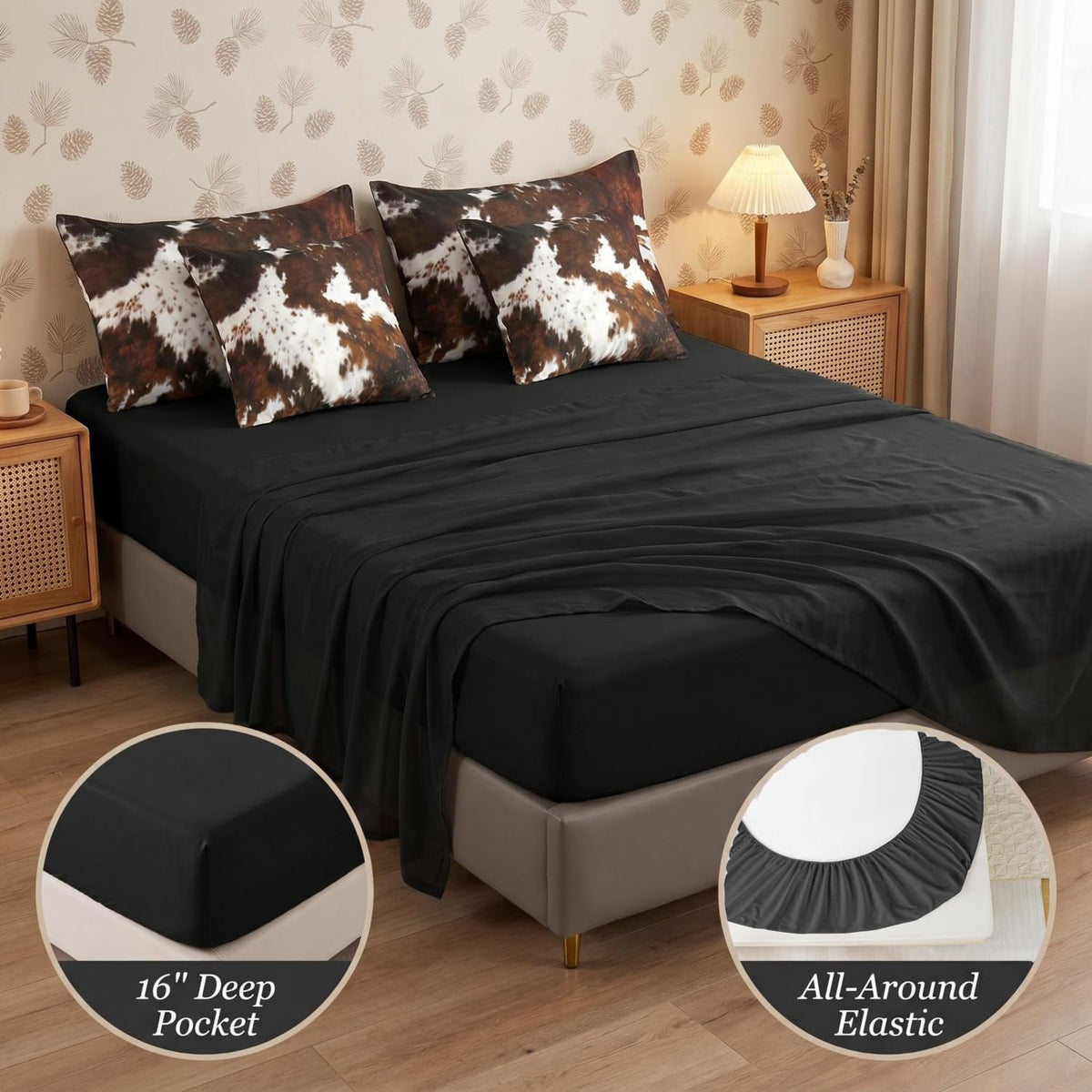 Erosebridal Brown Cow Print King Comforter Set 7 Piece, Simulated Black Cowhide Western Farmhouse Bedding Sets with Sheets, Rustic Highland Cow Skin Bed in a Bag with Fitted Flat Sheet, Pillowcases
