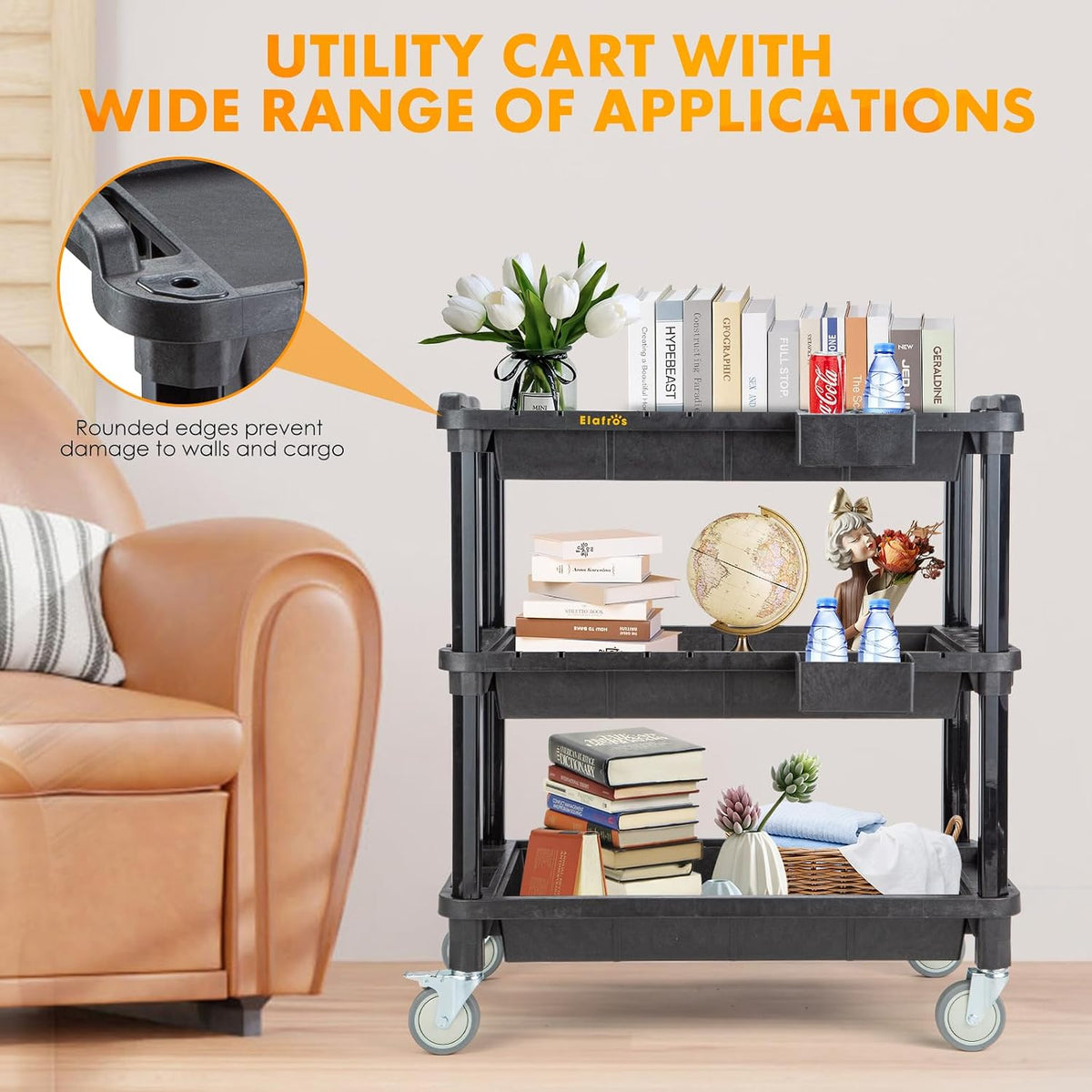 ELAFROS 3-Shelf Heavy Duty Rolling Utility Cart, 32.4 x 18.3 in