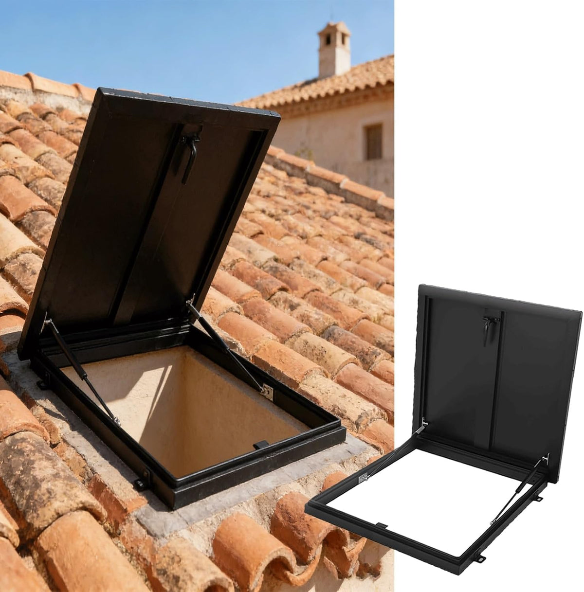 21x22in Roof Hatch, Black 53.3x56cm Attic Skylights Roof Hatch Vent Access Door, with Gas Shock Strut & Handle, Galvanized Roof Hatch, Suitable for Home Industry Commercial