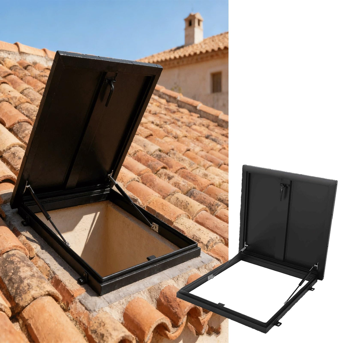 21x22in Roof Hatch, Black 53.3x56cm Attic Skylights Roof Hatch Vent Access Door, with Gas Shock Strut & Handle, Galvanized Roof Hatch, Suitable for Home Industry Commercial