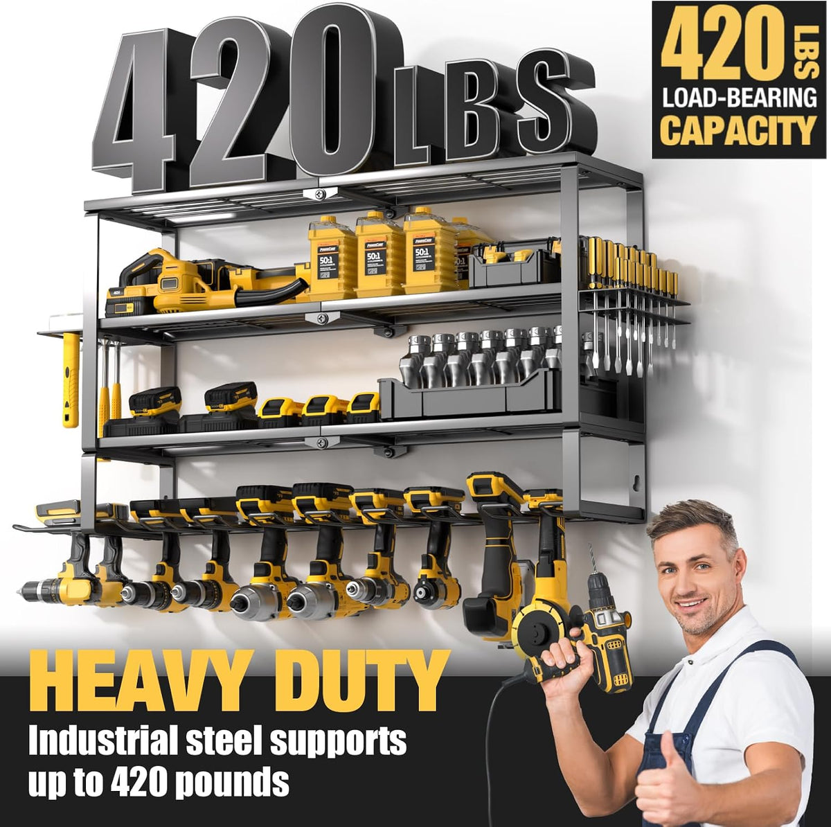 YYR Large Power Tool Organizer Wall Mount, Heavy Duty Metal Cordless Drill Storage Rack with Battery Charging Station Shelf, Utility Racks for Garage Organization, 4 Layer 10 Drills Holder Extra Tall