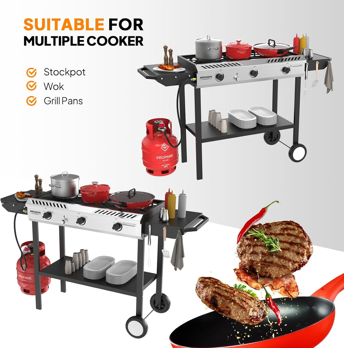 ROVSUN 3 Burner Outdoor Propane Gas Stove with Ignition, Regulator & Side Shelves, 225,000 BTU Rolling Gas Stove Outdoor Cooker for Backyard Patio Cooking Home Camping Brewing Canning Turkey Frying