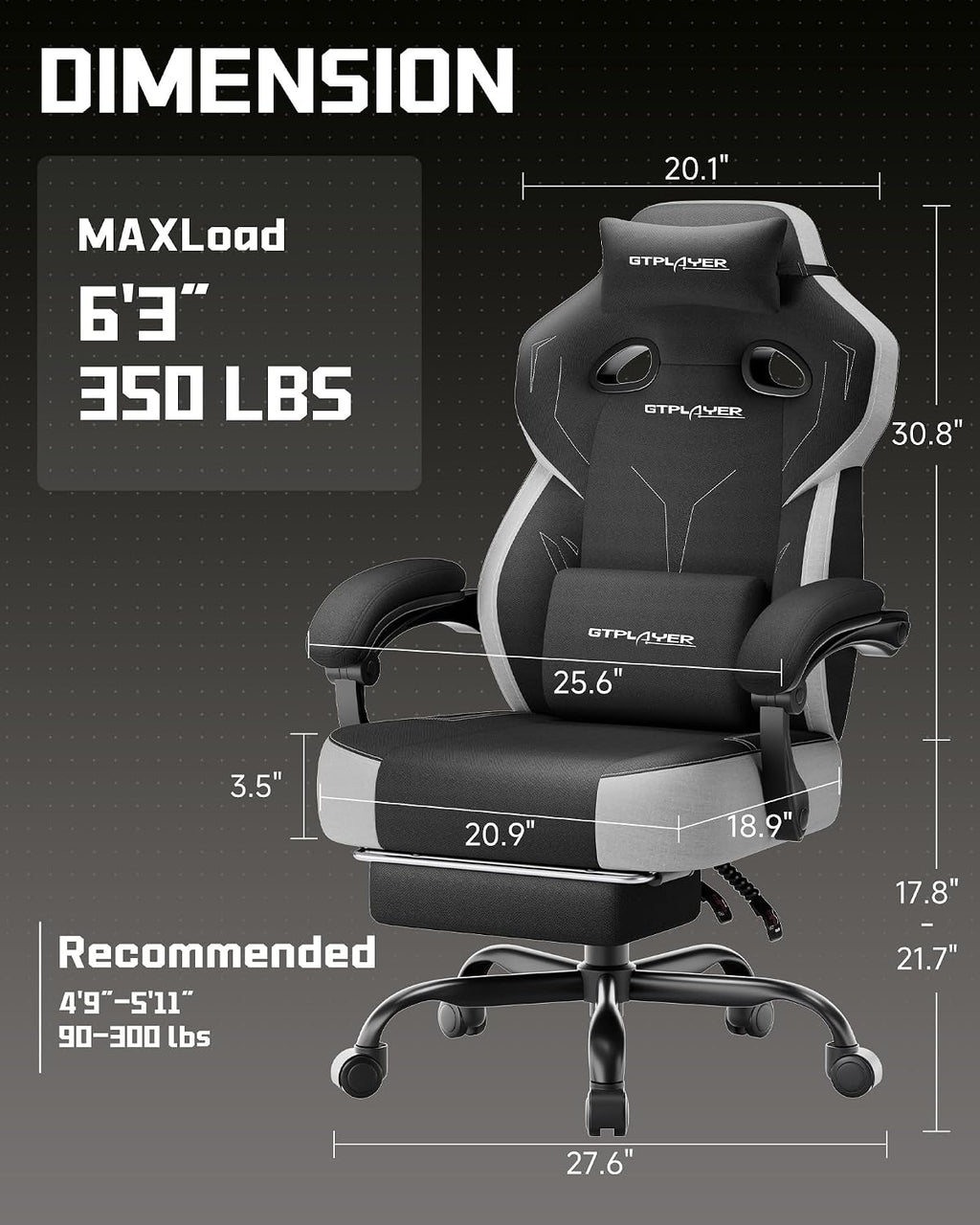 GTPLAYER Big & Tall Gaming Chair, Wide Seat with Footrest, Charcoal