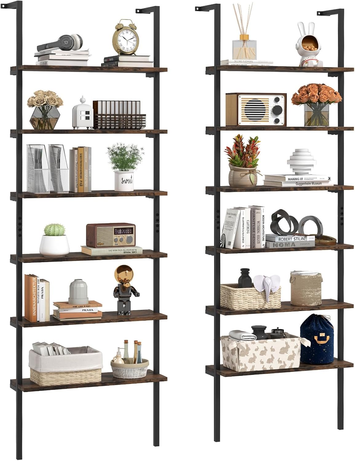 GIANTEX 6-Tier Ladder Shelf, 72" Wall Mounted Bookshelf with Metal Frame, Industrial Open Storage Shelves, Wooden Bookcase Display Rack for Living Room, Home Office, Bedroom (2,Rustic Brown)