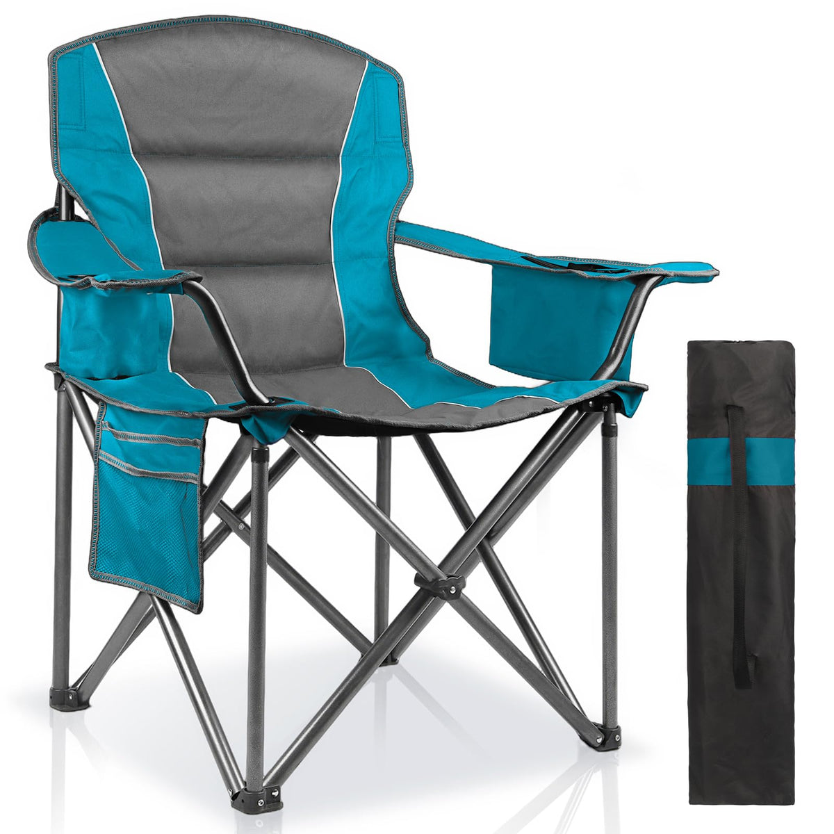 2 Pack Padded Oversized Camping Chairs for Adults,Heavy Duty Support 400 Lbs,Folding Portable Lawn Chair w/Cup Holder,Cooler Bag,Side Pocket,Perfect for Outdoor Picnic,Hiking(Orange&Blue)