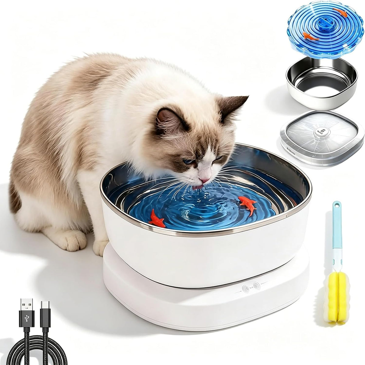 Smart Magnetic Cat Water Fountain - 304 Wireless Motion-Activated Cat Water Fountain Stainless Steel with Fish Motion, 27oz Cat Water Fountain for Cats & Small Dogs, Dishwasher Safe, No Noise