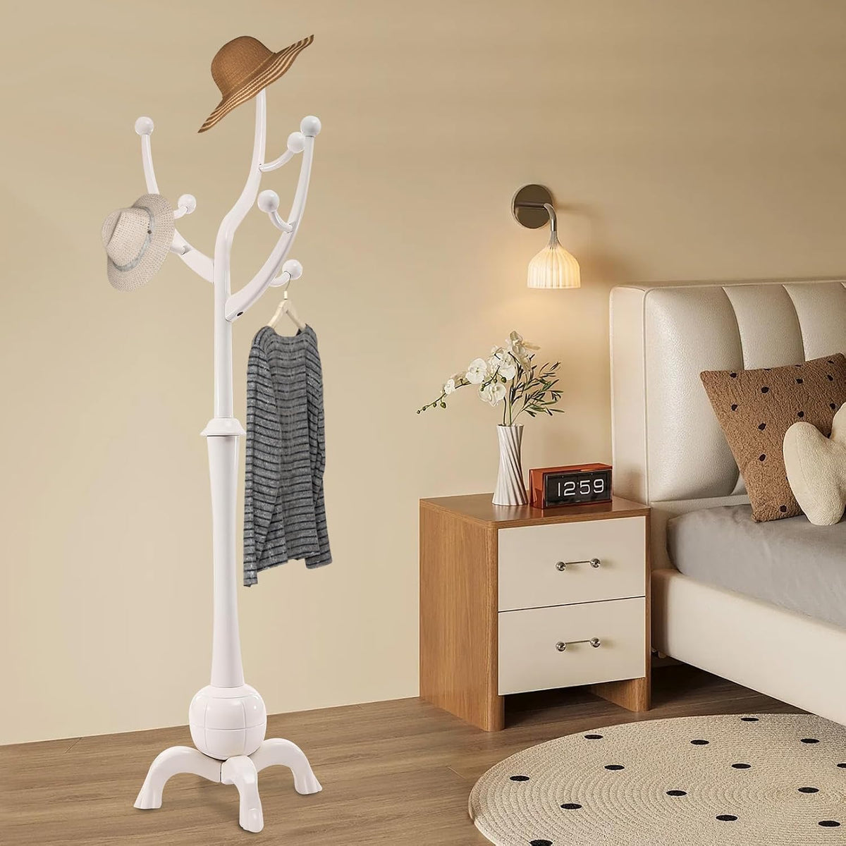 70 Inch Floor Coat Tree with 8 Hooks, Free Standing Coat Rack Modern Clothes Rack Wooden Garment Rack White for Entrance Living Room Bedroom