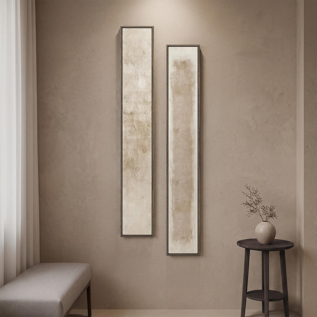 Large Framed Beige Cream Abstract Vertical Wall Art for Hallway, 2 Piece