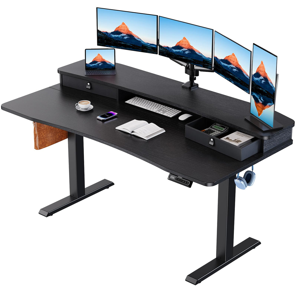 HUANUO 48″ x 28″ Electric Standing Desk with 2 Drawers, C-Clamp Mount Compatible, Height Adjustable Computer Desk, Home Office Stand Up Desk with 4 Preset Heights & 2 Hooks, Black