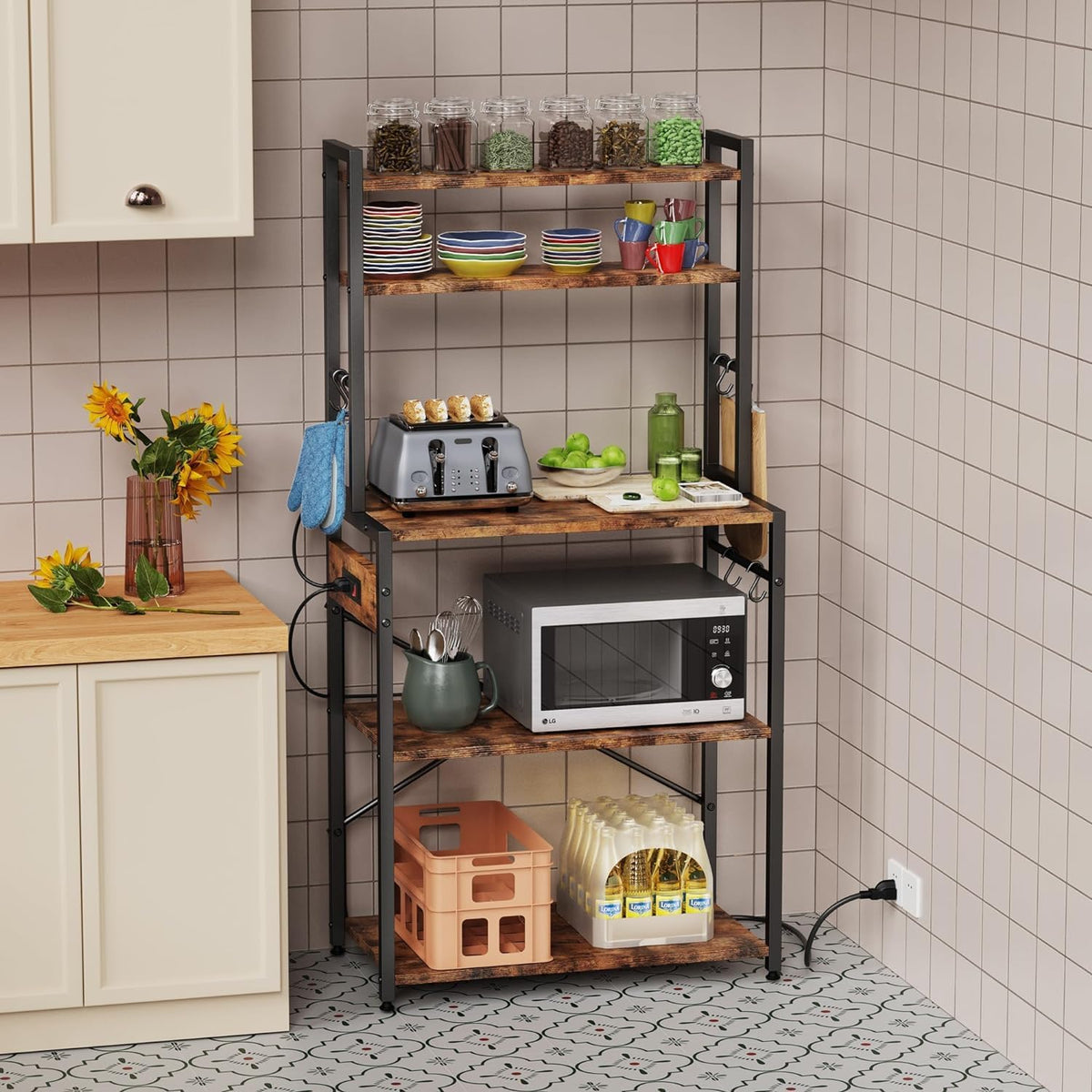 Cheersstar Bakers Rack with Power Outlet -, Standing Kitchen Baker’s Rack, 6-Tier Microwave Stand, Coffee Bar with 12 S-Shaped Hooks, Kitchen Shelf with Storage, Coffee Bar Station, for Rustic Brown