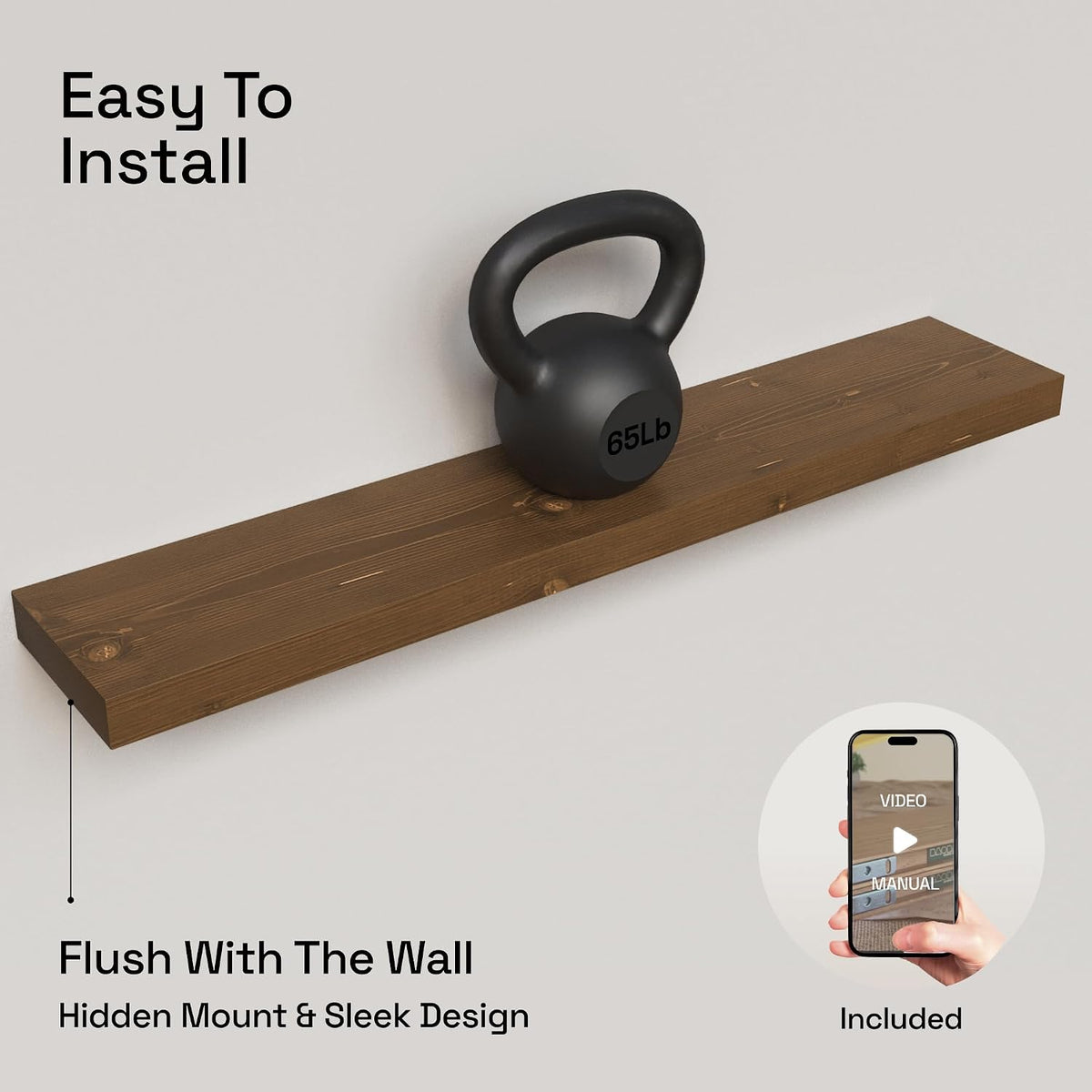 Solid Wood Floating Shelves for Wall 36 Inches Long, Walnut Wooden Shelf