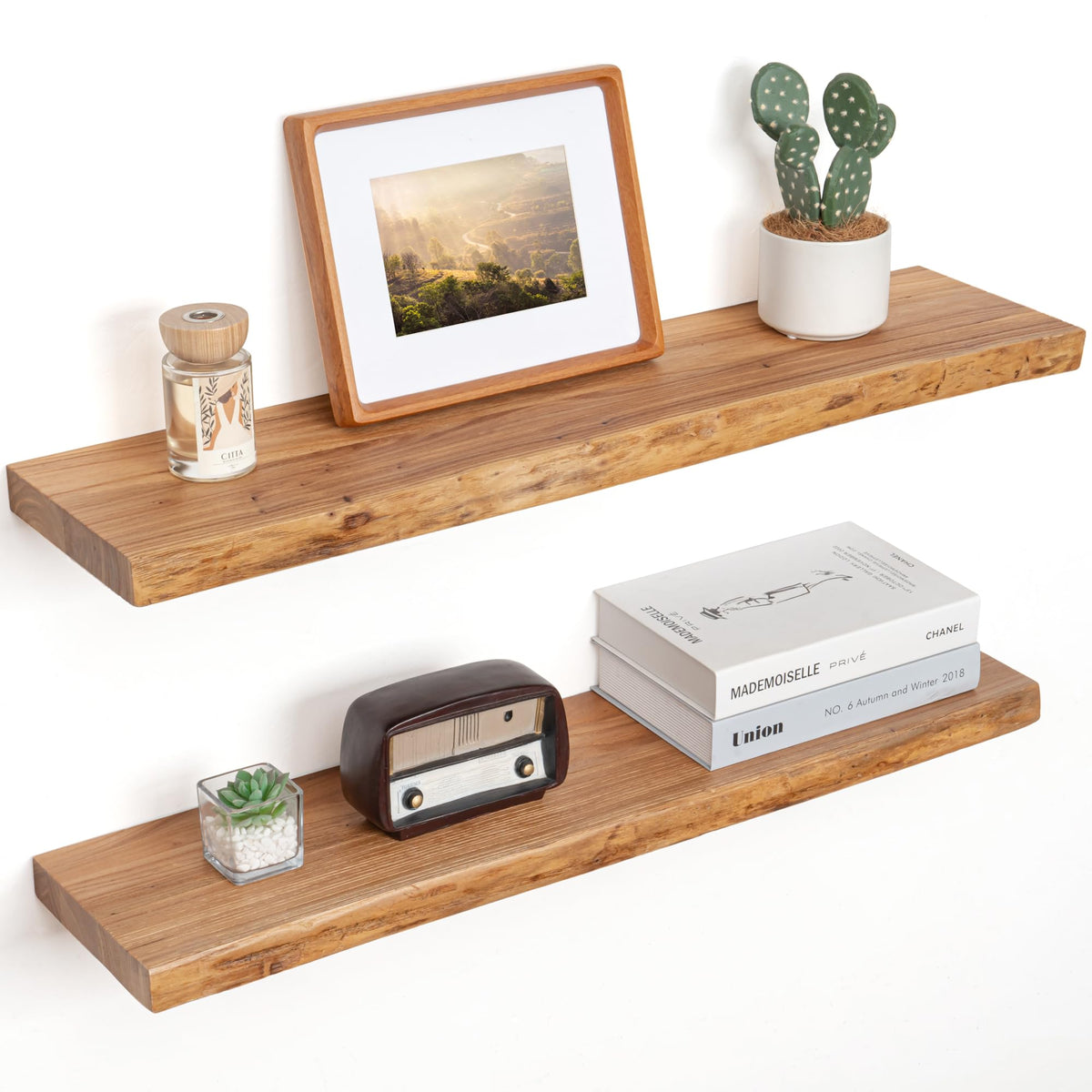 Floating Shelves for Wall, Solid Elm Wood Shelves, 24in Set of 2, Natural