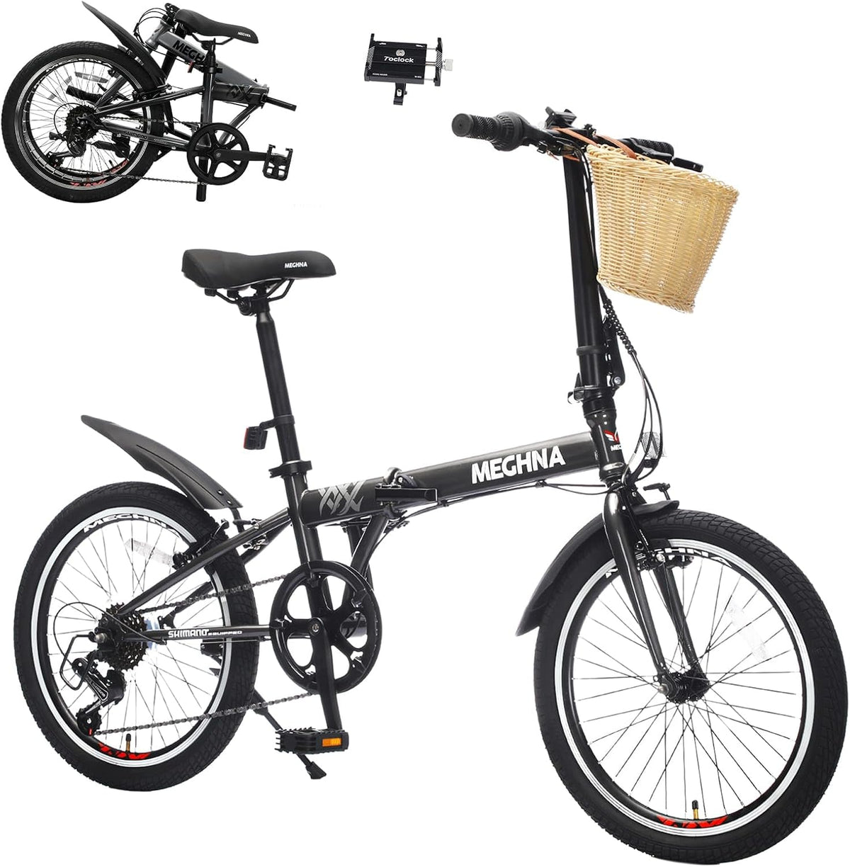 20 Inch Folding Bike for Adults with Basket & Phone Holder, 6-Speed City Commuter, Steel Frame Portable Compact Bicycle with Dual V-Brakes, Fenders, Foldable for Men Women