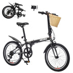 20 Inch Folding Bike for Adults with Basket & Phone Holder, 6-Speed City Commuter, Steel Frame Portable Compact Bicycle with Dual V-Brakes, Fenders, Foldable for Men Women