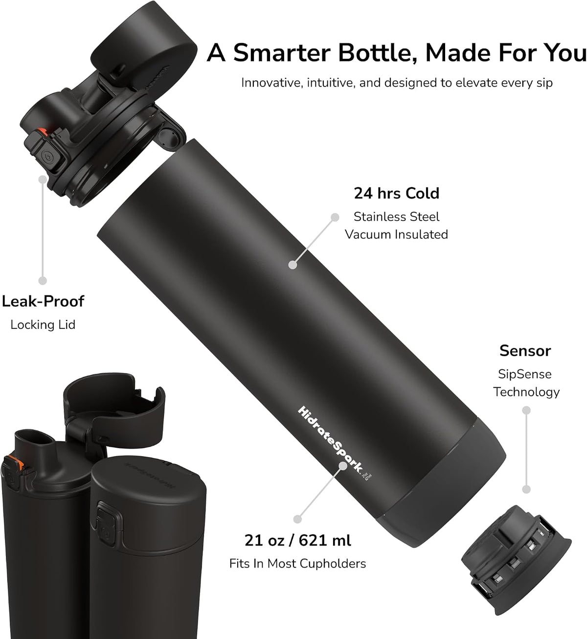 Hidrate Spark PRO Smart Water Bottle - Tracks Water Intake & Glows to Remind You to Stay Hydrated, Chug & Straw lid, 21oz (Black)
