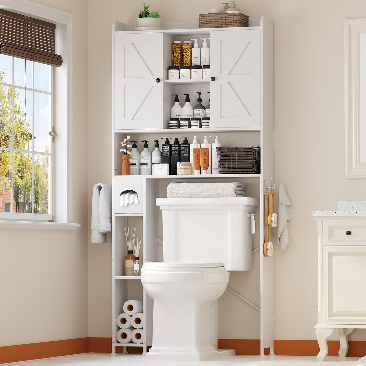 EasyCom 32" W Over The Toilet Storage Cabinet with Adjustable Shelves,Brown