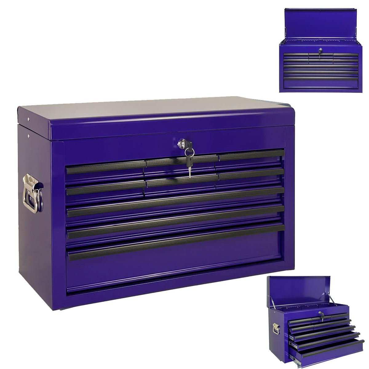 4 Drawers Metal Tool Box, 21" Portable Steel Tool Chest w/Key Lock&Latch Closure, Multi-Function Top Storage Tray Toolbox w/Powder Coating&Ball Bearing Slides (Style 1-4 Drawers - Blue)
