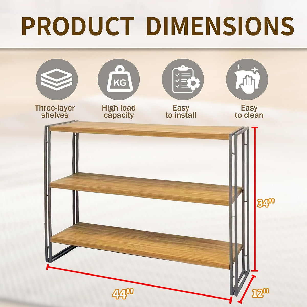J.M.Deco 3-Tier Industrial Ladder Shelf, 44" Rustic Wood and Metal Open Bookshelf, Heavy Duty Wall Mounted Bookcase Shelving Unit for Small Space, Living Room, Bedroom, Home Office