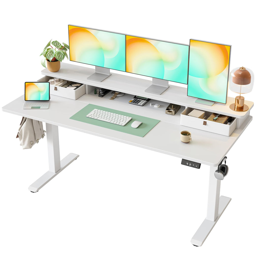 TIQLAB Standing Desk with Two Drawers, Stand Up Standing Desk Adjustable Height, Electric Sit Stand Table with Storage Shelf and Splice Board, with LED Light, 55 * 28 inch, Maple