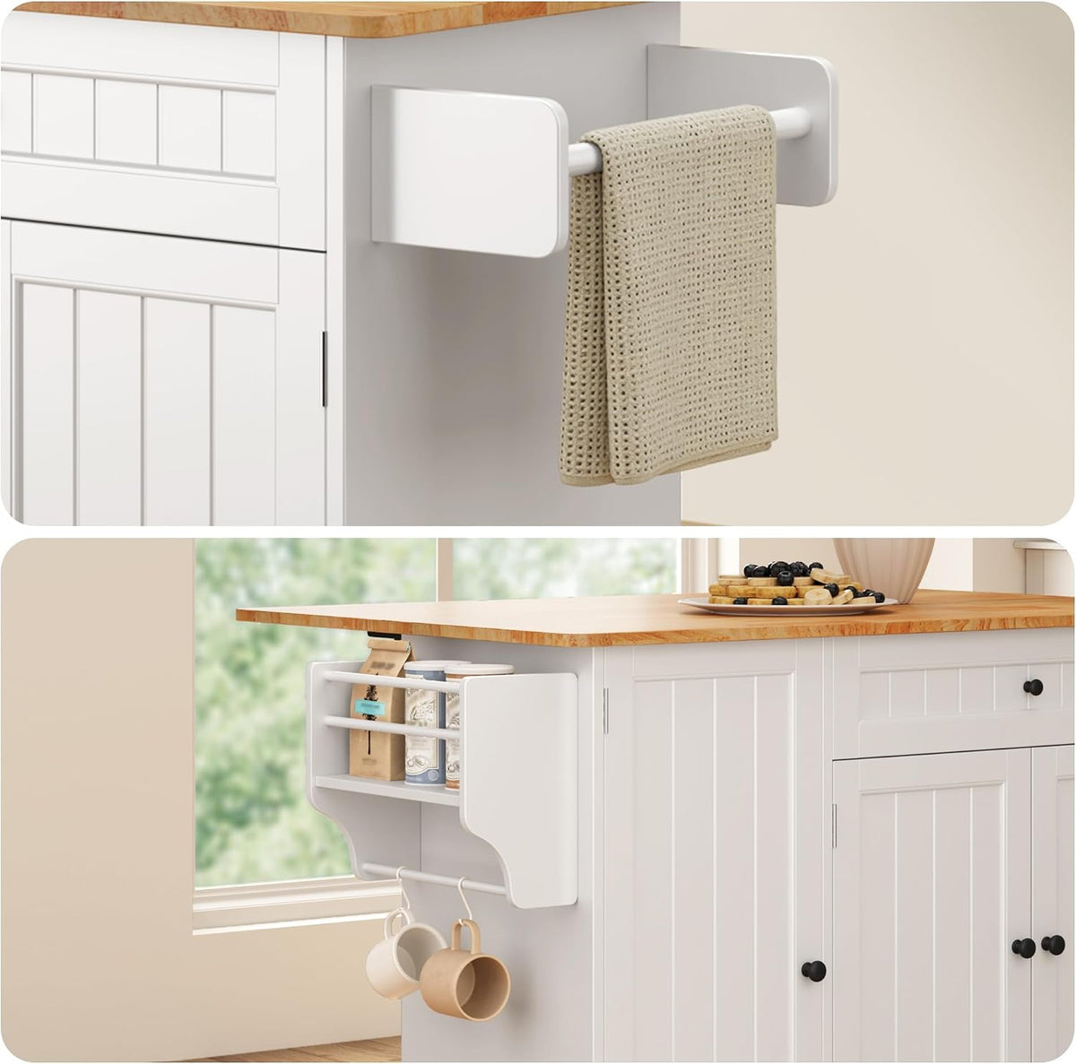 Ahomly Rolling Kitchen Island with Storage, Drop Leaf and Drawer, White