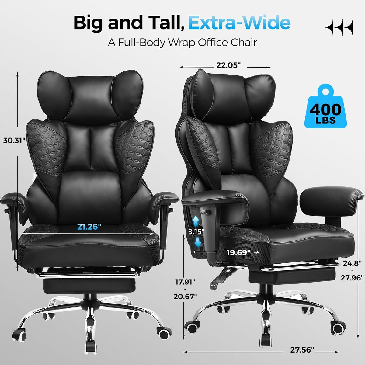 COMHOMA Big and Tall Office Chair Heavy Duty Wide Ergonomic Gaming Chair with Deluxe Embossing Designed Leather with Foot Rest, 145°Reclining Adjustable Armrests Pocket Spring Back Support and Pillow