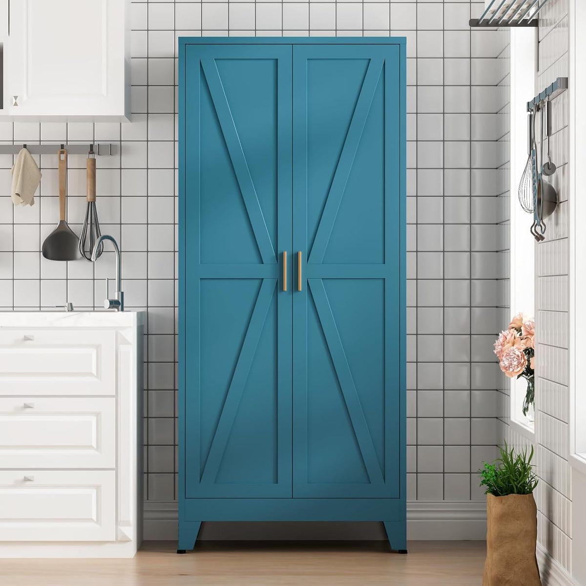 COFaR Home Farmhouse Storage Cabinet with 2 Barn Door, 61" H Metal Cabinet