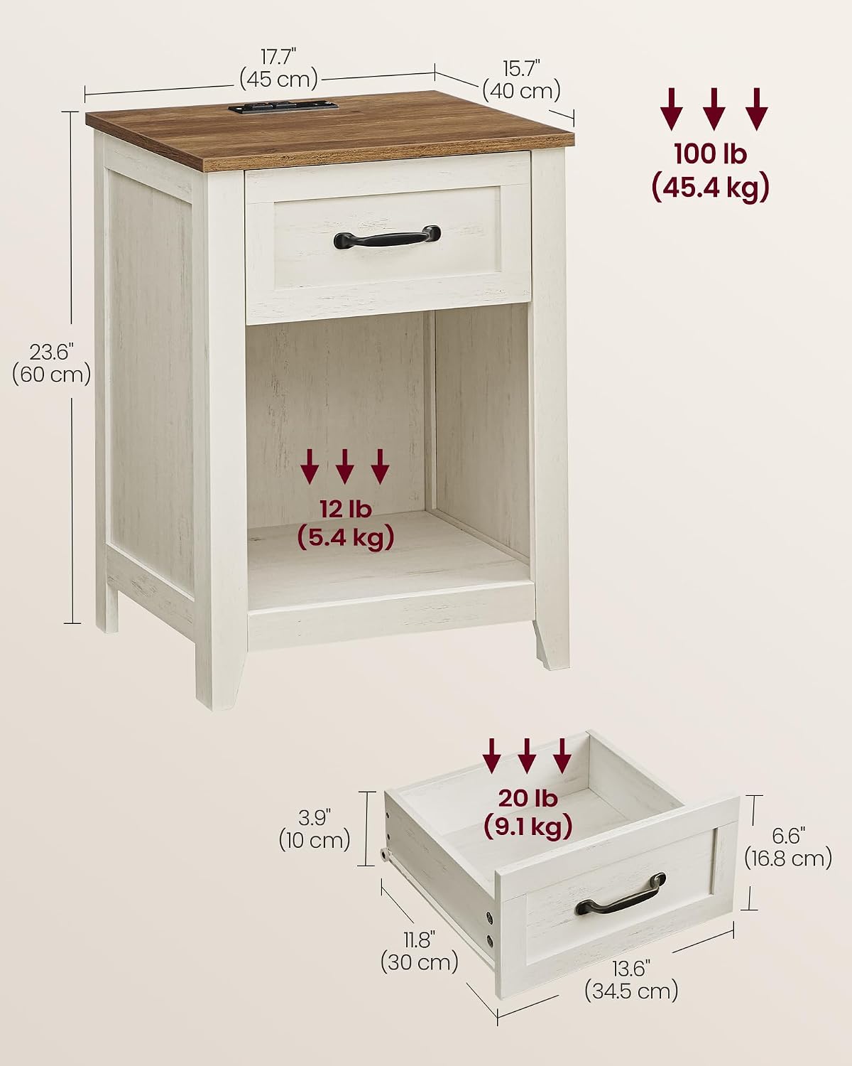 VASAGLE Farmhouse Nightstands with Charging Station, 1 Drawer, Set of 2