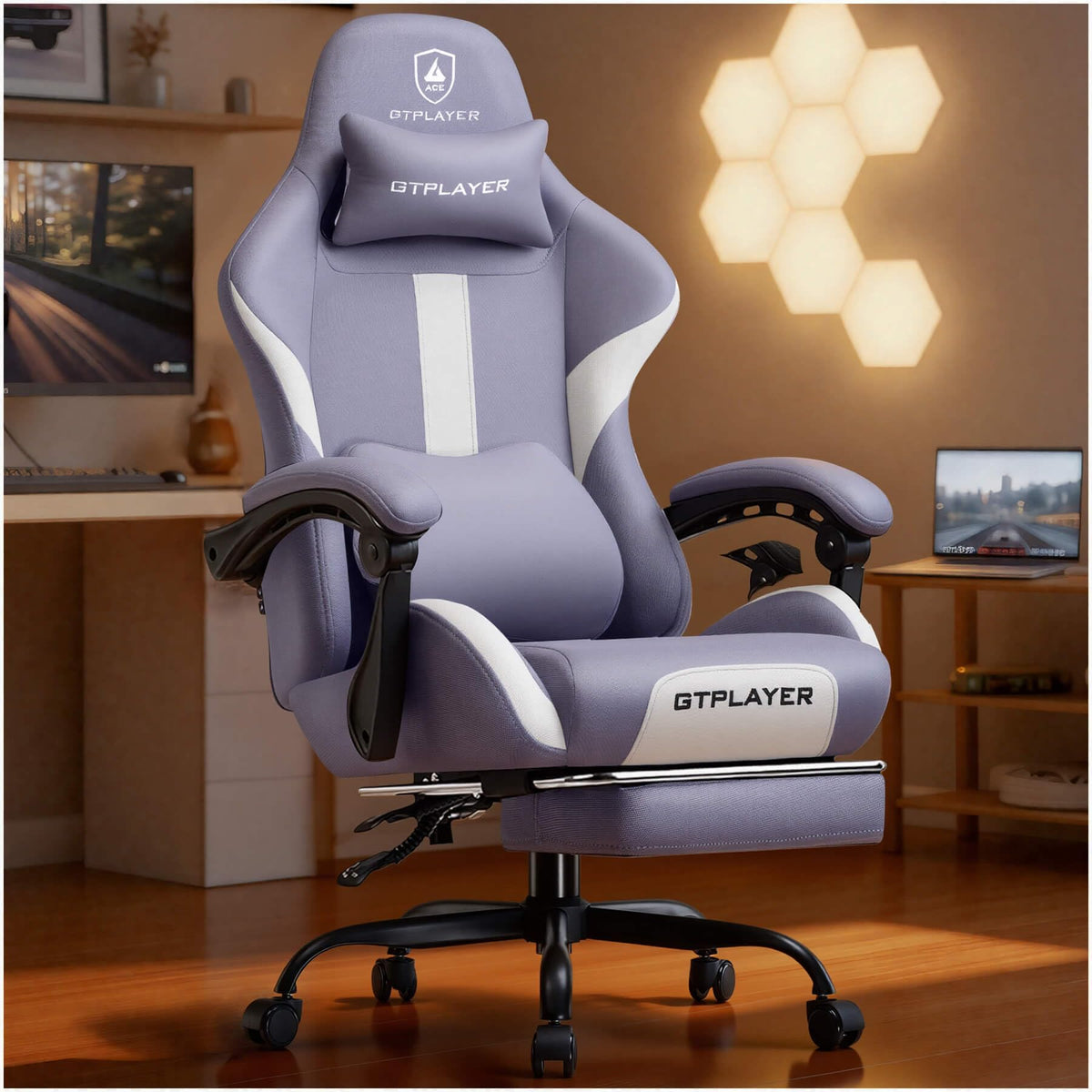GTPLAYER Gaming Chair with Foot Rest & Pocket Spring Cushion, Ergonomic High Back Computer Desk Chair with Headrest & Lumbar Support for Back Pain Relief, Breathable Fabric, Mist-Blue