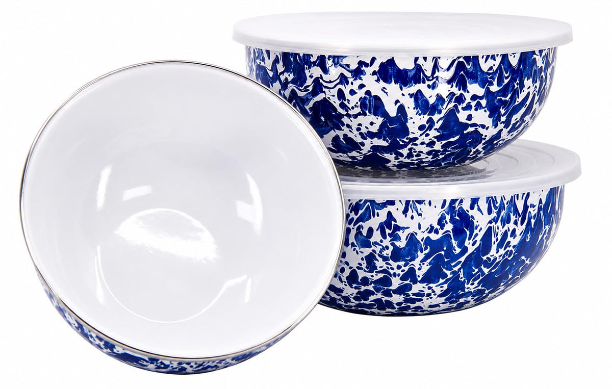 Golden Rabbit Enamelware Nested Mixing Bowls with Lids, Set of 3, Sea Glass