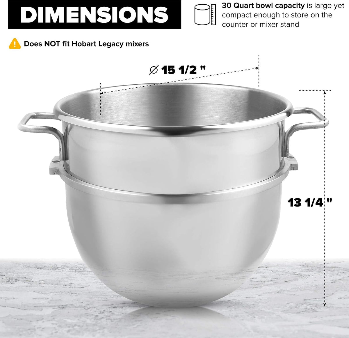 Vollum 30-Quart Commercial Stainless Steel Mixing Bowl for Hobart Mixer - Hobart Equivalent