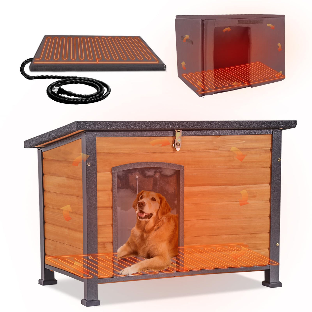 GUTINNEEN Heated Dog House Outdoor Insulated Dog House Weatherproof Dog Kennel with Thermostat-Controlled Heating Pad, 6-Sided Thermal Liner, Chew-Proof Metal Frame for Dogs