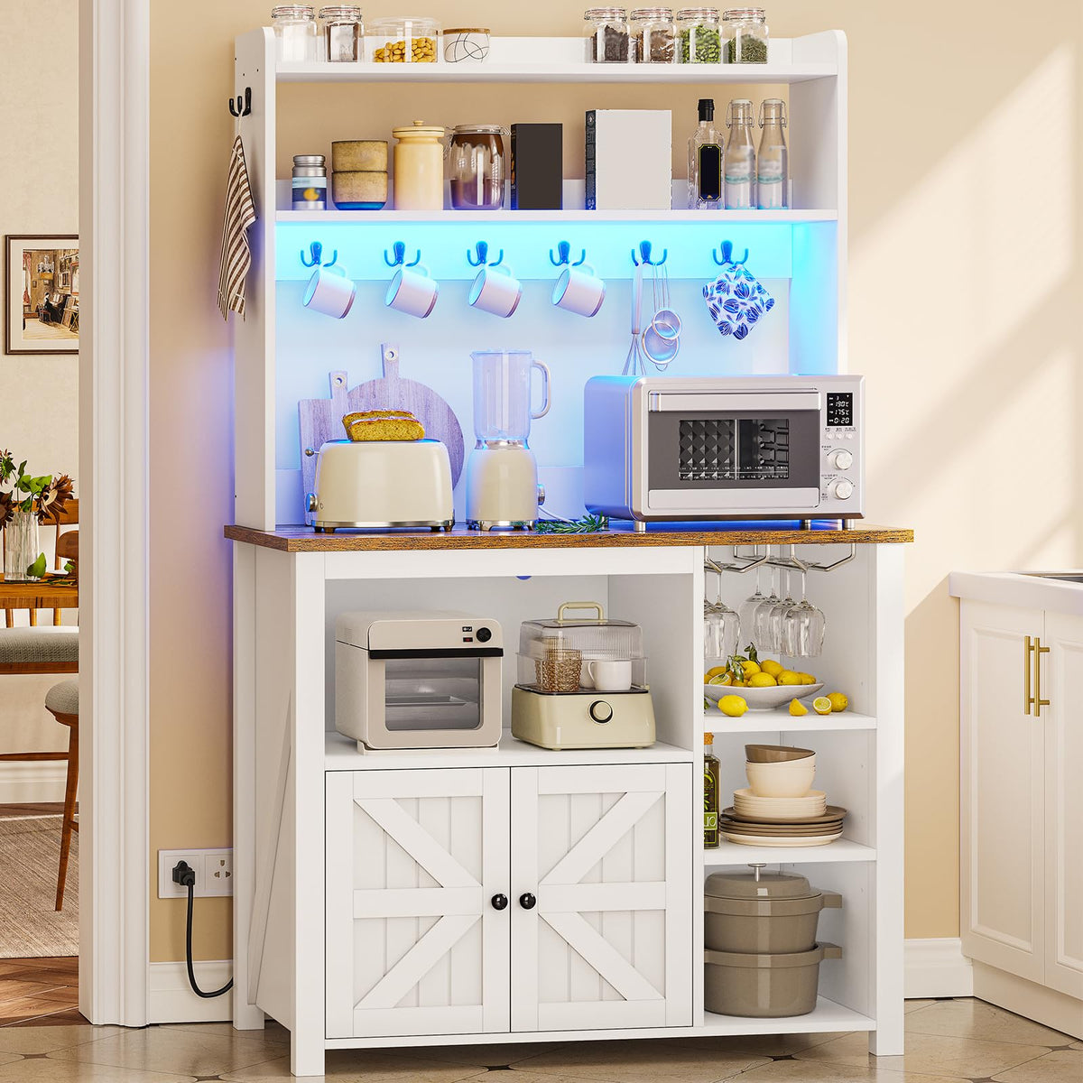 Itaar Farmhouse Bakers Rack Coffee Bar Cabinet with Storage, Power Outlet