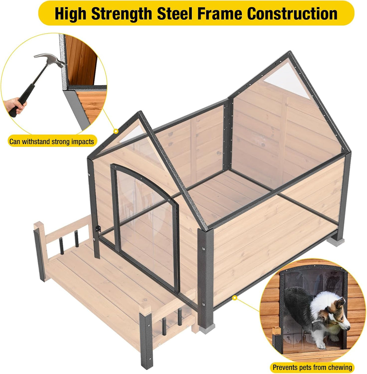 Dog House Outdoor,Dog Kennel Outside for Small Breed,Weatherproof Small Dog Shelter with Anti-Chewing Iron Frame (Brown-N, 45" D x 32.9" W x 32.6" H)