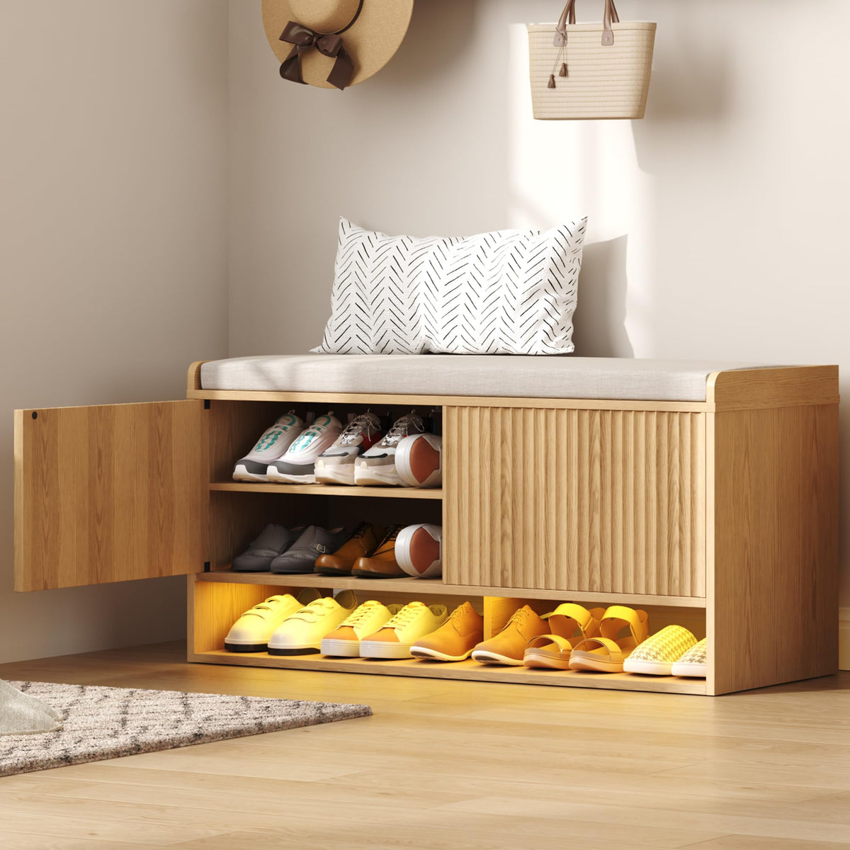 HOMEFORT 47.2" Fluted Shoe Storage Bench, Entryway Bench with Linen Seat Cushion, Shoe Cabinet Bench with Adjustable Shelf and Built-in LED Sensor Light, Bench for Bedroom End of Bed, Natural Oak