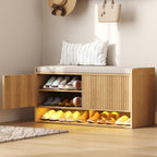 HOMEFORT 47.2" Fluted Shoe Storage Bench, Entryway Bench with Linen Seat Cushion, Shoe Cabinet Bench with Adjustable Shelf and Built-in LED Sensor Light, Bench for Bedroom End of Bed, Walnut