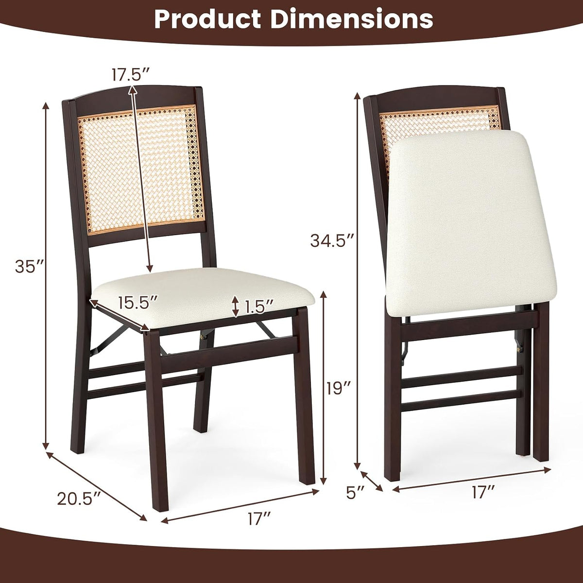 COSTWAY Folding Chairs Set of 4 w/Rattan Backrest & Padded Seat (Espresso)