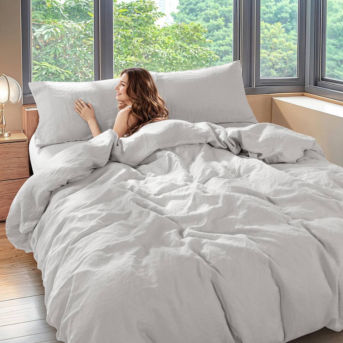 Shilucheng 100% Linen King Duvet Cover Set, Linen