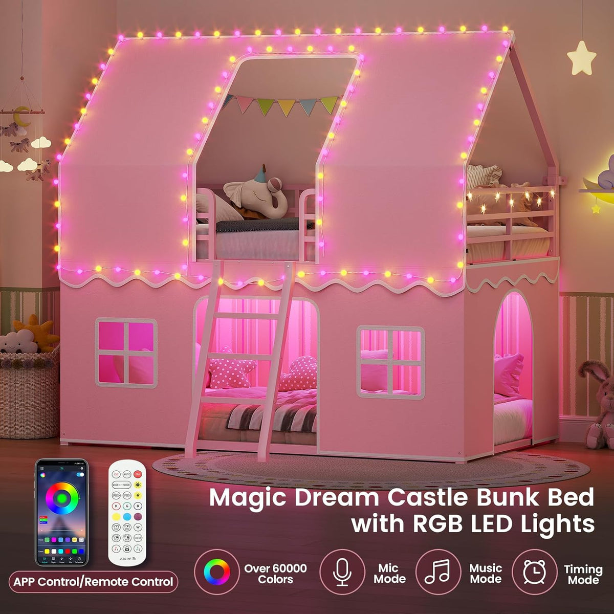 BTHFST Girls Bunk Bed Twin Over Twin, House Loft Bed with LED Lights
