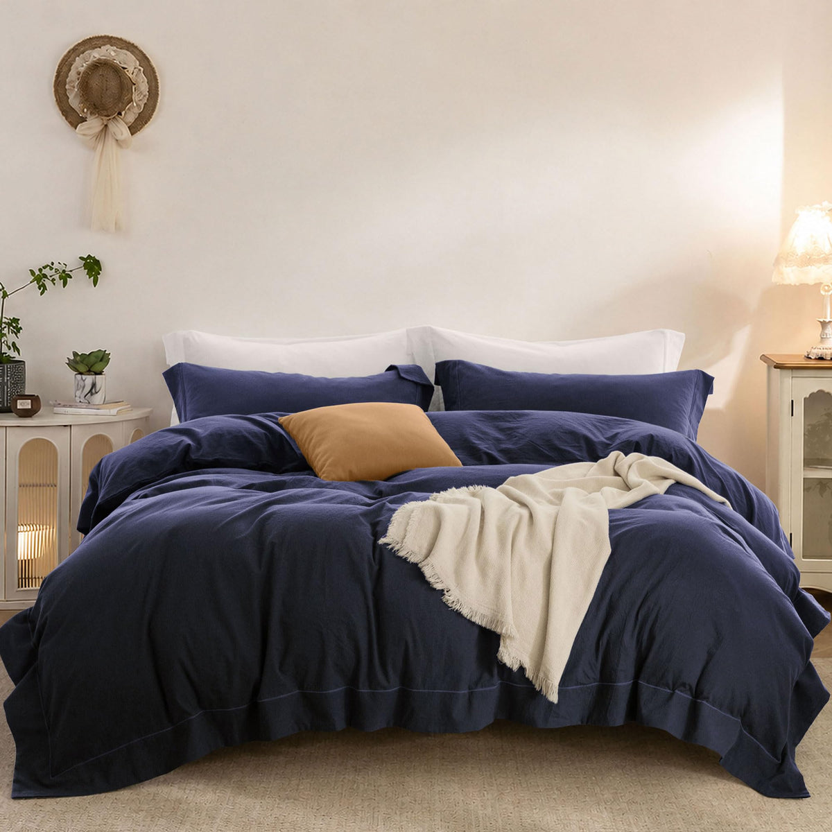 Duvet Cover Set Washed Cotton Embroidered Hem King 3‑Pcs