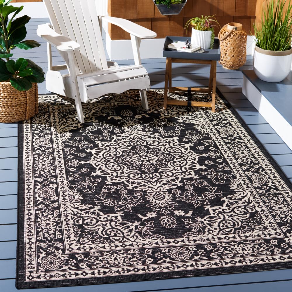 SAFAVIEH Washable Rug Outdoor Courtyard Collection - 6'7" Square, Grey & Navy, Non-Shedding & Easy Cleaning, Ideal for Patio, Backyard, Mudroom (CY8679-368)