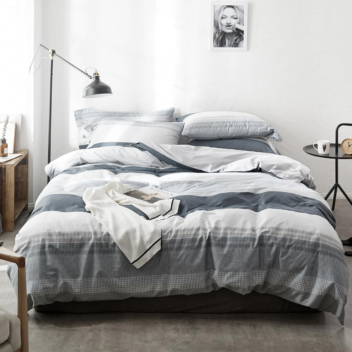 mixinni Vintage Buffalo Plaid Duvet Cover Set Queen Size - 3 Piece Washed Cotton Bedding Set with Grid Pattern, Soft & Breathable Duvet Cover with Pillowcases for All Seasons,(Brown & Blue,Beige)