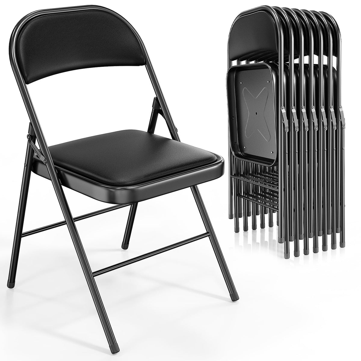 VINGLI 10 Pack Folding Chairs with Padded Seats, Metal Frame with Pu Leather Seat & Back, Capacity 350 lbs, Black