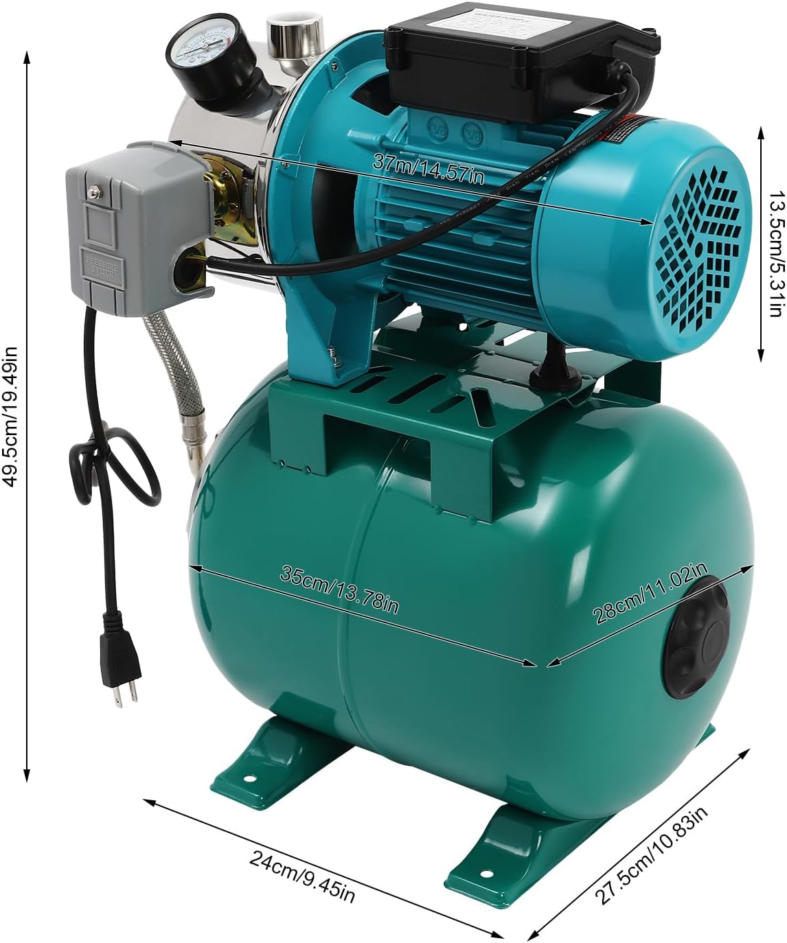 1HP Shallow Well Pump with Pressure Tank, 793GPH Irrigation Jet Pump, 110V Automatic Water Pumps Booster System Max. Head 147.64ft for Garden Lawn Farm Home (Green, 1 Hp)