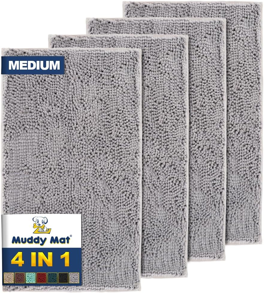 Muddy Mat® 4-Piece Grey Medium 30"X19" AS-SEEN-ON-TV Highly Absorbent Microfiber Door Mat, Bath Mat and Pet Rug, Non Slip Thick Washable, Soft Chenille for Kitchen Bathroom Bedroom Indoor and Outdoor