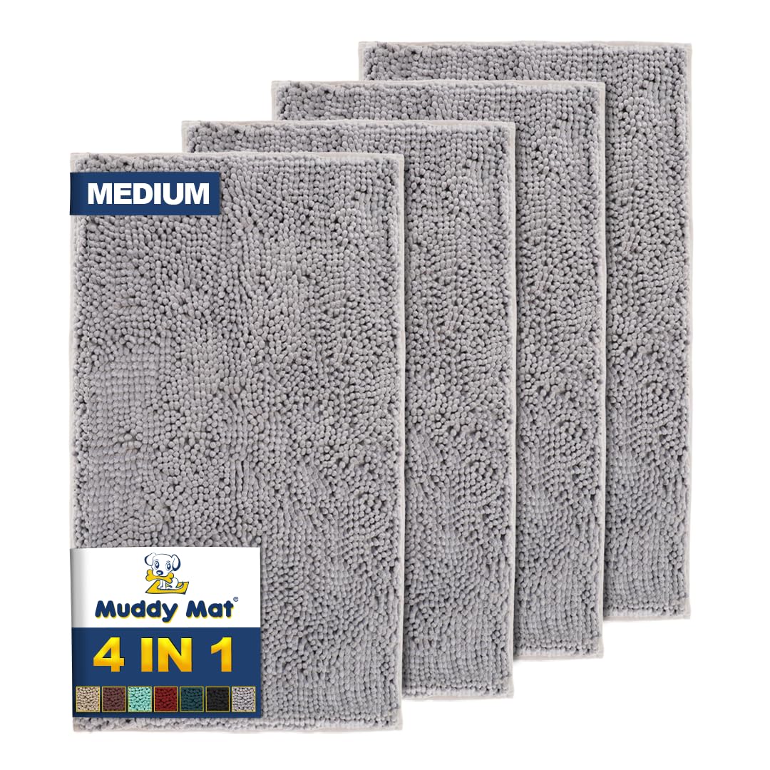 Muddy Mat® 4-Piece Grey Medium 30"X19" AS-SEEN-ON-TV Highly Absorbent Microfiber Door Mat, Bath Mat and Pet Rug, Non Slip Thick Washable, Soft Chenille for Kitchen Bathroom Bedroom Indoor and Outdoor