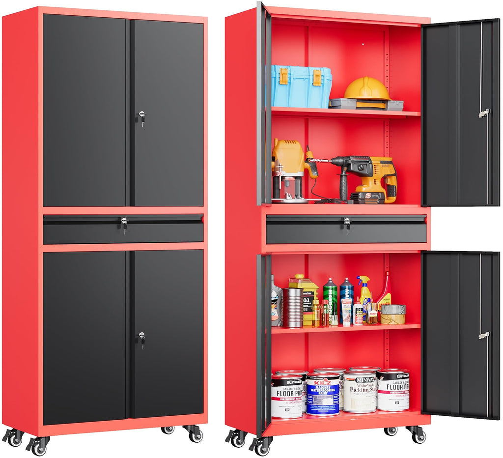 SISESOL 75" Tall Metal Storage Cabinet with Wheels,Rolling Garage Storage Cabinet with Lock,Black Metal Cabinets with Wheels and Shelves,Deep Heavy Duty Tool Locker for Garage,Home,Office,Shop